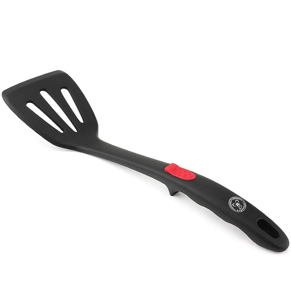 Starchef Silicone Slotted Turner Spatula,Heat Resistant,Non-Stick, Ergonomically Grooved Handle,Soft Grip, Touching Spot,One-Piece Design(Black)