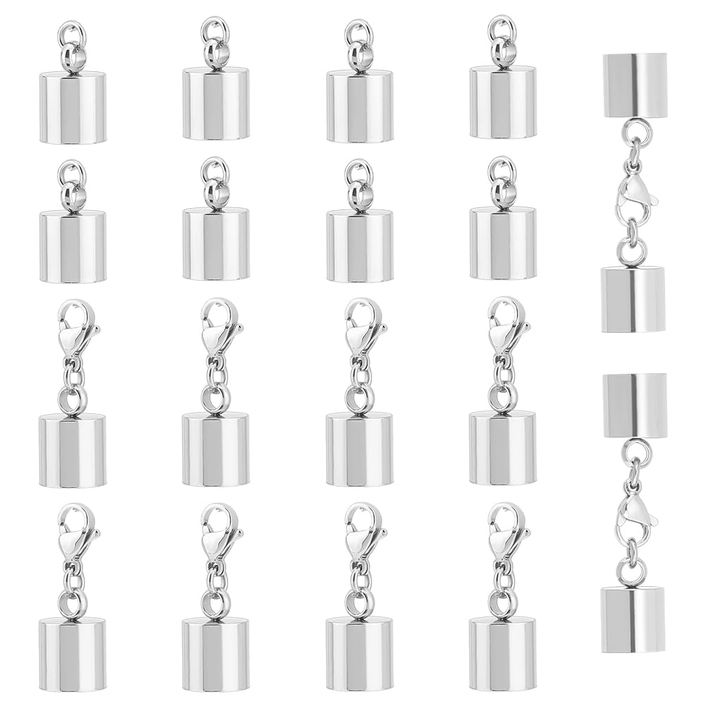 UNICRAFTALE 20Pcs Stainless Steel Leather Cord Ends with Jump Rings 9mm Inner Diameter Barrel End Caps Metal Lobster Claw Clasps with End Caps Terminators for DIY Jewelry Making Finding Kit