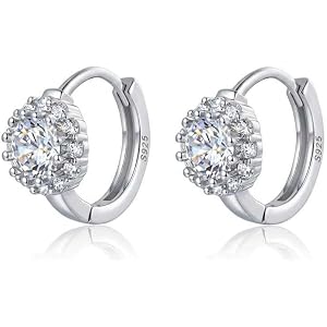 Reffeer Solid 925 Sterling Silver Halo Hoop Earrings for Women Teens Simulated Diamond Huggie Earrings Sparkly Cubic Zirconia