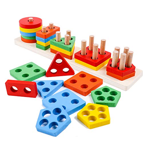 kizh Wooden Educational Preschool Toddler Toys Shape Color Recognition Geometric Board Blocks Stack Sort Chunky Puzzles 25 pcs for 1-5 Year Old Boys Girls Kids Baby Toddlers Children Non-Toxic Toy - Thumbnail 6