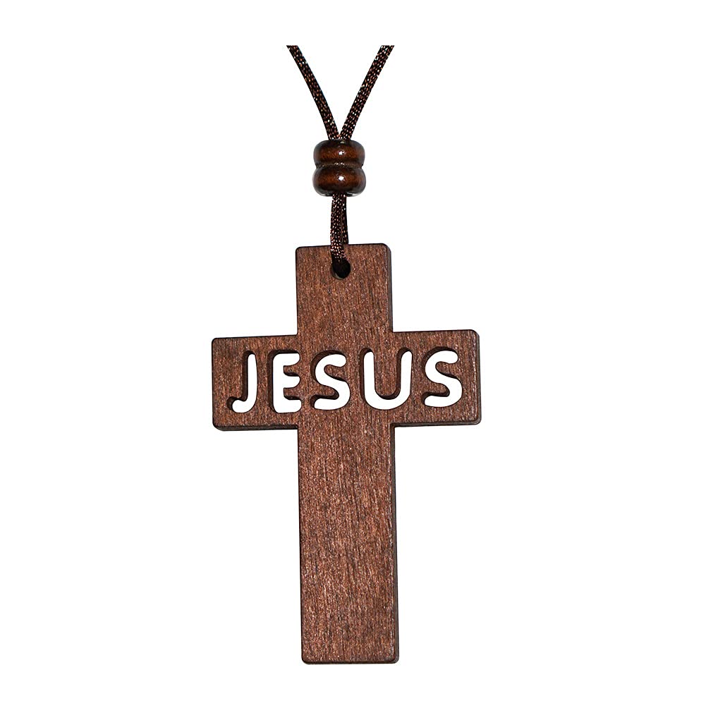 Large Wood Jesus Cross Pendant Necklace for Men Women Carved Wooden Casual Sweater Chain Christian Baptism Christmas Easter Prayer Faith Confirmation Birthday Gift Car Rearview Mirror Hanging Ornament