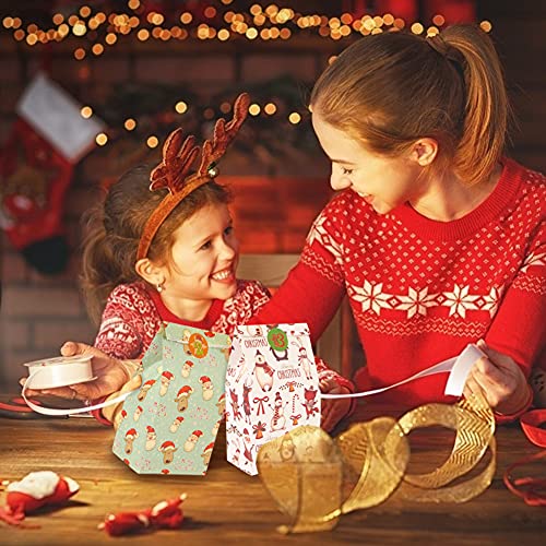 Starrky Christmas Paper Candy Bags, 24PCS Christmas Bags with Gift Tag Stickers Wrapping Bags Colorful Xmas Bags Xmas Candy Paper Packing Trays Treat Bags for Classrooms Party Birthdays