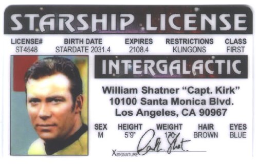 Captian Kirk Star Trek Fun Fake ID License