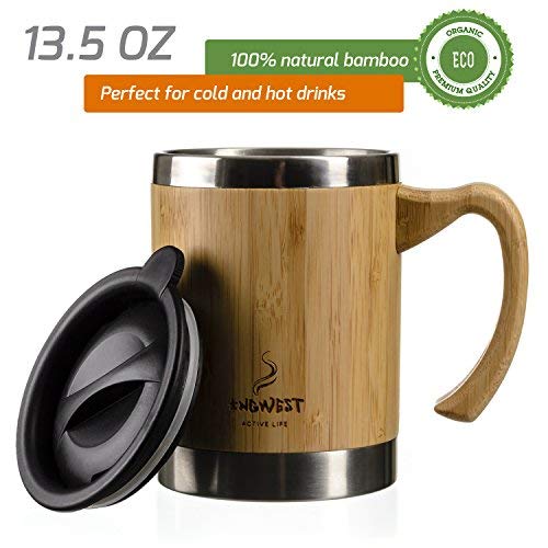 InGwest Active Life. Bamboo Coffee Mug for Man/Woman - 13.5 ounce. Super Light Eco Stainless Steel Coffee\Tea Mug with Lid and Bamboo Handle! Thickened layer of bamboo!