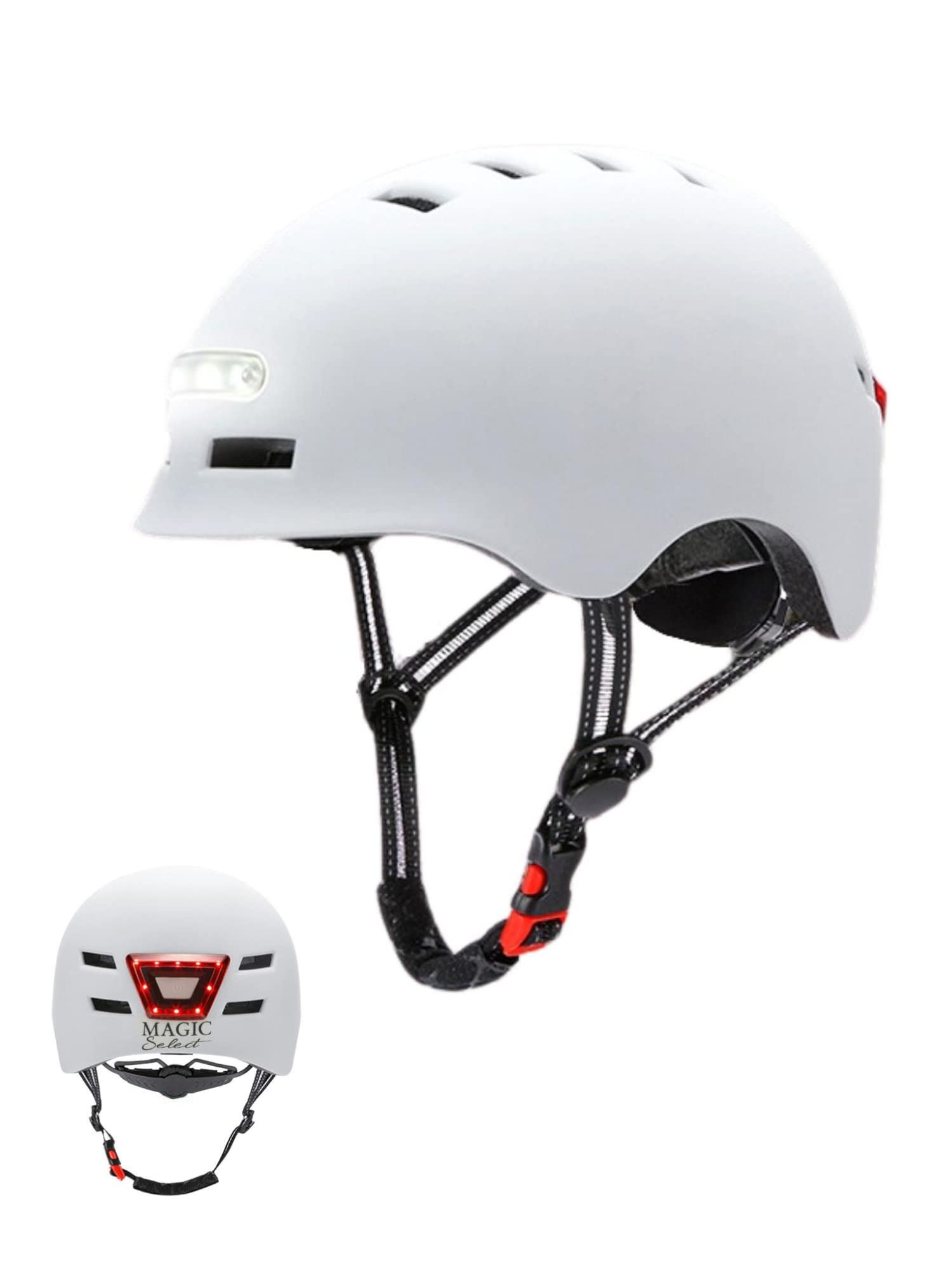 Bike Helmet or Electric Scooter with Red Warning Light + White Front Light. MTB Cycling Helmet, Bicycle, Skate; Lightweight with Removable Lining, PC + EPS Shell, 14 Vents and USB Charging Cable.