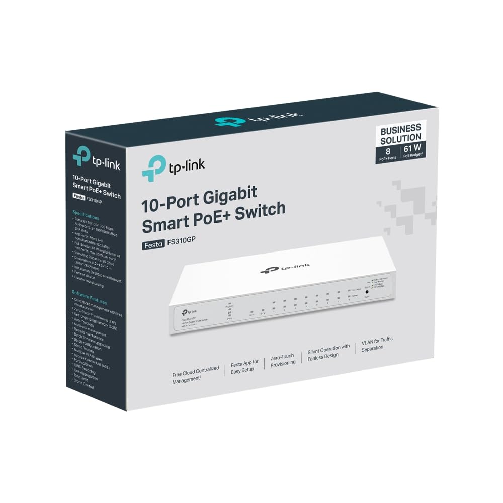 Tp-Link Festa Festa Fs310Gp 10-Port Gigabit Switch, 8 Port Gigabit 802.3Af, At Poe Plus, 2 Gigabit Sfp Slots, 61W Total Poe Budget, Up To 30W Poe Power Per Port, Cloud Management - View 9