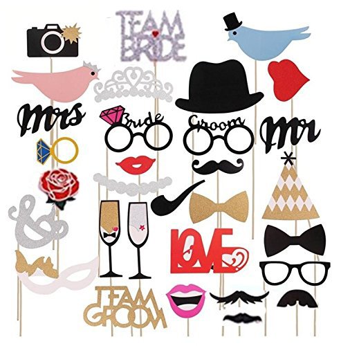 Wedding Photo Booth Props, Queta 31 Piece Fashion Photobooth Props with Sticks and Glue, Decoration for Birthdays, Valentine's Day, Holiday Party, Garden Parties