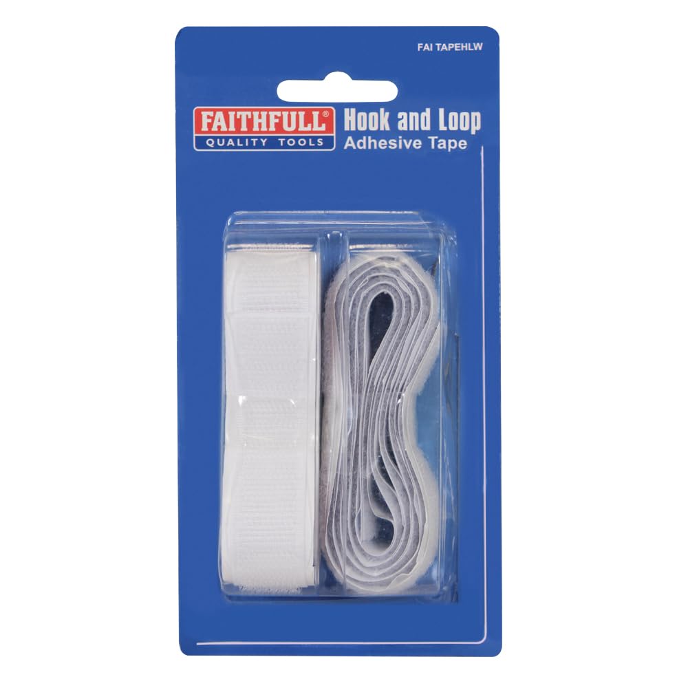 Faithfull FAITAPEHLW Hook & Loop Self Adhesive Tape for Organizing, Fastening, or Securing Items - 20mm x 1M - White