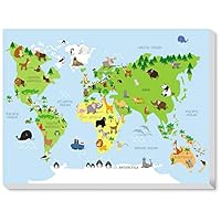 Texture of Dreams Kids Zoo Animal World Map Print Wall Art Canvas, Children Educational Developmental Fun Animal Map of The World, Baby Room Design Nursery Decor Large Canvas Prints (24" x 36")