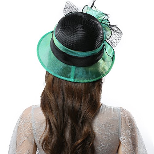Janey&Rubbins Women Kentucky Derby Church Wedding Fascinators Cloche Bucket Bowler Hat (Green/Black) - Thumbnail 3