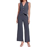ROYLAMP Women's Summer 2 Piece Outfits Button Down V Neck Sleeveless Top High Waisted Wide Leg Pants Matching Set