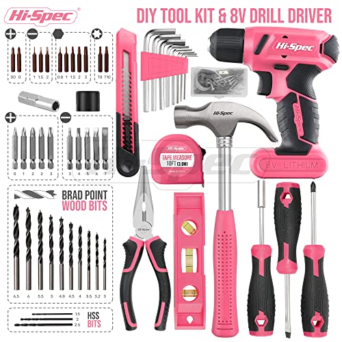 HiSpec 58pc Pink 8V USB Electric Drill Driver & Household Tool Kit Set