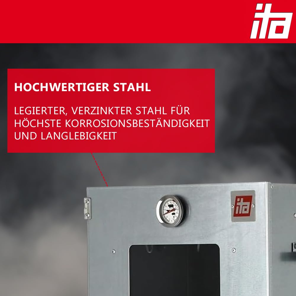 ITA Räucherofen 7000 - Premium Räucherschrank mit 3 Etagen - Legierter Stahl, mit Sichtfenster & Thermometer - EU Qualität Direkt vom Hersteller - Smoker zum Kalträuchern & Heißräuchern 4