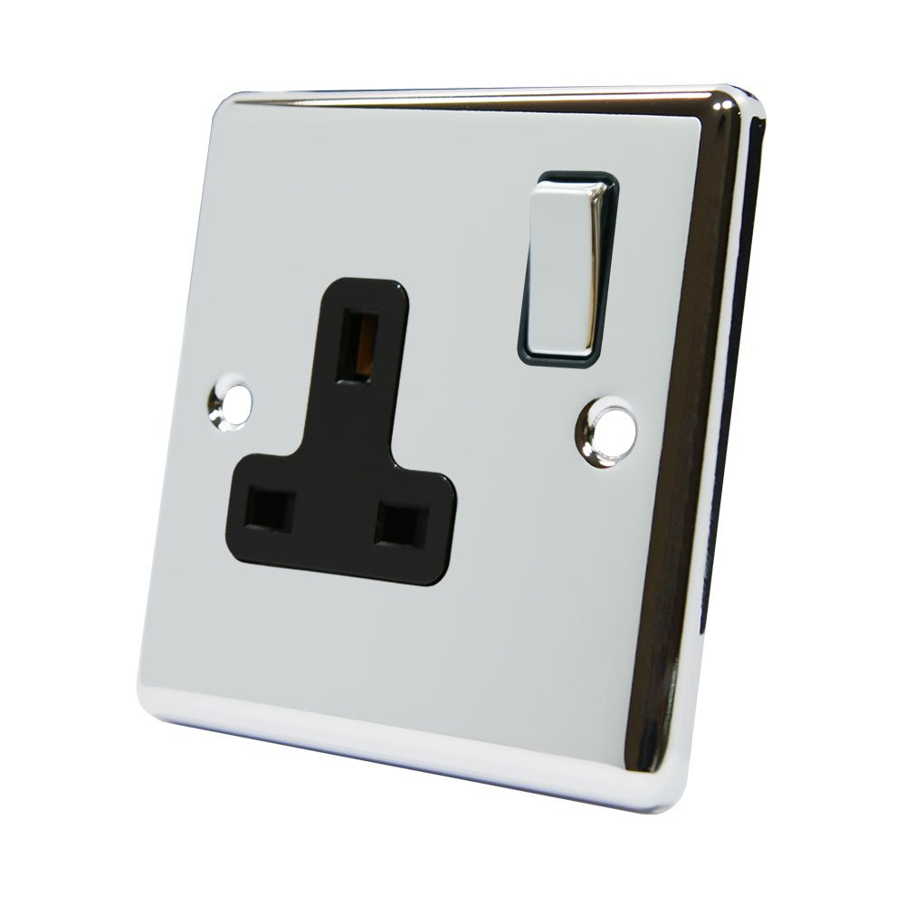 AET CPC1GSOCBC 13 A 1-Gang Polished Chrome Classical Single Plug Socket with Black Insert Metal Rocker Switch