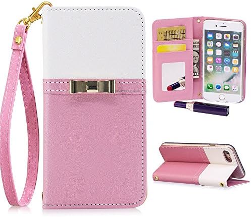 iPhone X Case,OTRON Flip Folio Shockproof Silicone Case Card Slot Kickstand PU Luxury Leather Fold Stand Pocket Purse Wallet Cover With Wrist Strap For iPhone X [ 5.8 Inch]- Women (Pink-L, iphone X)