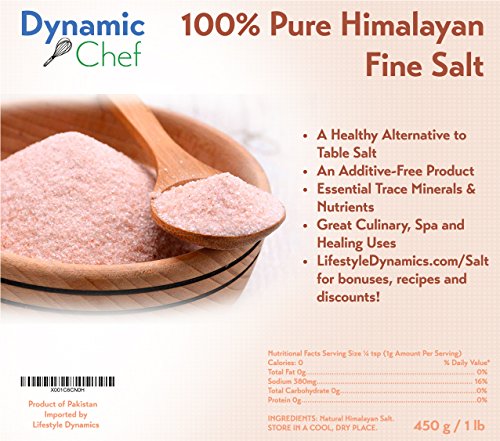 Pure Himalayan Salt, Fine, by Dynamic Chef, Fine Pink Salt, Essential Trace Minerals, Plus RECIPE EBOOK (Fine) 1 lb, 450 g bag