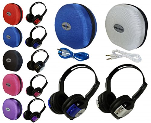 2 Pack Kid Sized Wireless Infrared Universal Car DVD IR Automotive Colored Adjustable 2 Channel Headphones With Case and 3.5mm Auxiliary Cord