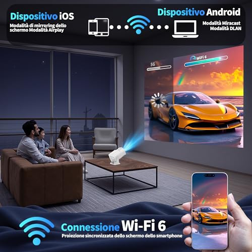 [Integrated App & 2026 Upgraded] 1080P 4K Projector with WiFi 6 Bluetooth 5.2 Mini Portable Projector Supports 270° Rotatable Car Keystone Projector TV Stick/USB/HDMI/PC with HDMI Cable & Mouse,White