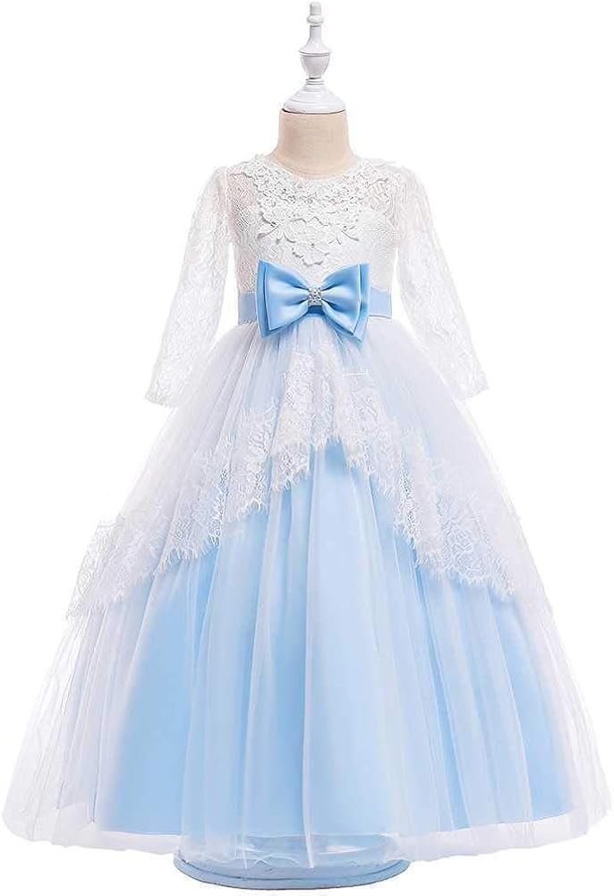 Girls Floor Length Princess Dresses Kids Long Sleeve Wedding Party Prom