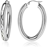 Hoops & Loops 925 Sterling Silver 4mm Thick Oval Diamond-Cut Hoop Earrings, 25mm 30mm, Silver, Yellow Gold, Rose Gold & Black