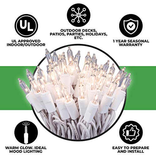 612 Vermont 100 Clear Christmas Lights on White Wire, UL Approved for