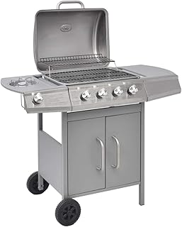 Nishore BBQ Gasgrill Barbecue-Grill Grillwagen Gas-Grill 4 Brenner +1 Seitenbrenner Silberfarben 104 x 55,4 x 97,7 cm (L x B x H)