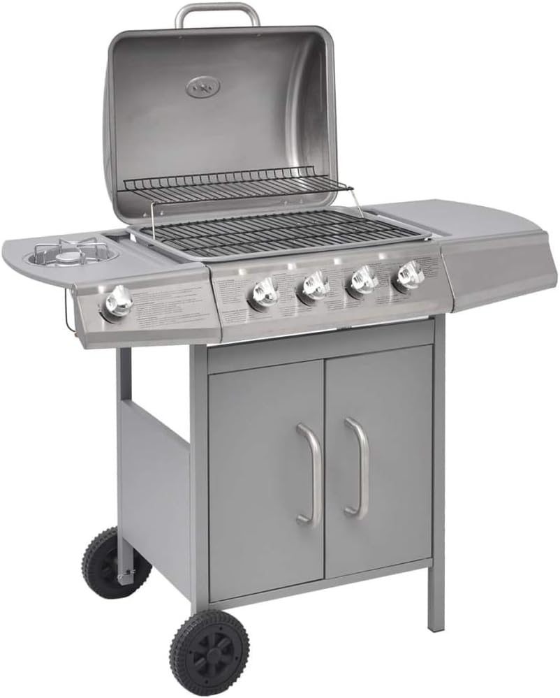 Nishore BBQ Gasgrill Barbecue-Grill Grillwagen Gas-Grill 4 Brenner +1 Seitenbrenner Silberfarben 104 x 55,4 x 97,7 cm (L x B x H)