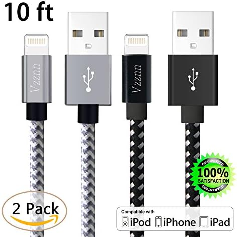 Vzznn Lightning Cable 2Pack 10FT Extra Long Nylon Braided Cord iPhone Charger Compatible with iPhone 7 7 Plus 6 6S 6S Plus SE 5S 5 iPad iPod Nano 7(Black white&amp;grey)