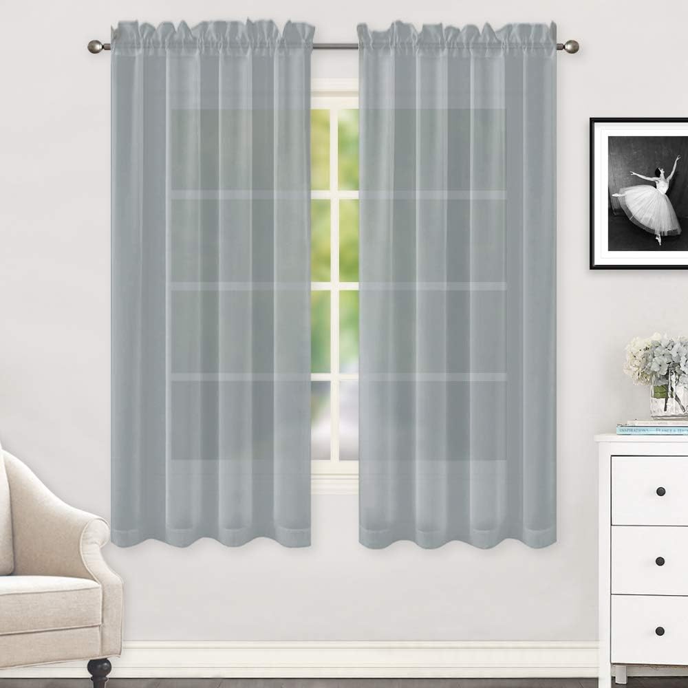 HUTO Grey Sheer Window Curtains 52 by 63 Inch Length Rod Pocket Window Sheer Panels Drapes 2 Panels Curtains for Bedroom Living Room Nursery