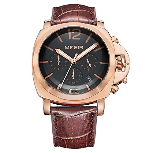 Oker Men's Fashion Megir Military Sport Quartz Chronograph Rose Gold Watch with Buckle Clasp Leather Strap