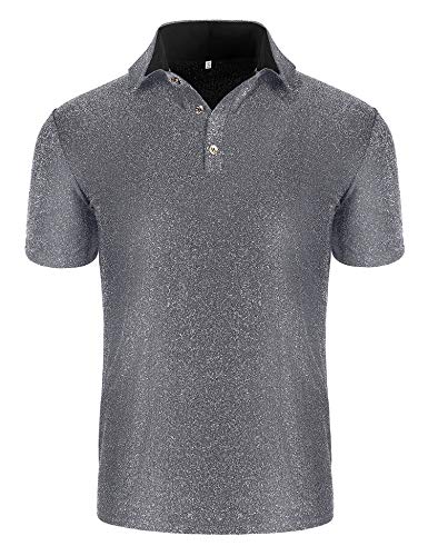 poriff Men\'s Shiny Sequins Polo Shirt 70s Disco Nightclub Party Short Sleeve T Shirts Silver L