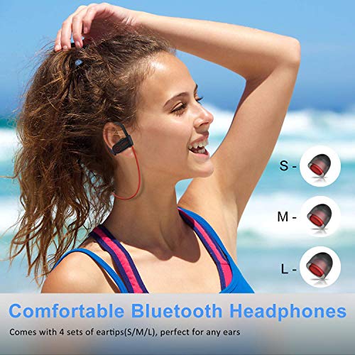 ANBES Bluetooth Headphones Wireless Earbuds, IPX7 Waterproof in-Ear Earphones Sports with Ear Hooks & Mic, HD Stereo Sound, Up to 8 Hours Playing Noise Canceling Headsets (RedBlack)
