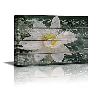 Canvas Prints Wall Art - White Lotus Flower in Water on Vintage Wood Background Rustic Home Decoration - 12" x 18"