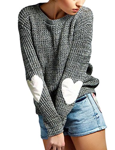 ZXZY Women Heart Pattern Patchwork Long Sleeve Round Neck Knits Sweater Pullover