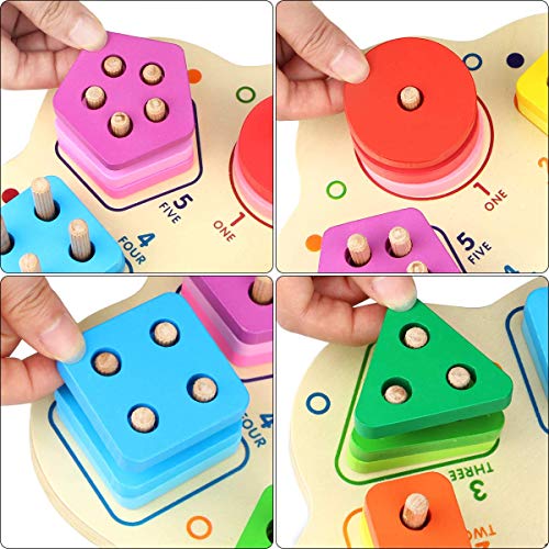 CHAFIN Wooden Educational Toys for Age 1 2 3,Wooden Shape Color Sorting Preschool Stacking Geometric Blocks Toddler Puzzles Toys Birthday Gifts for Baby Boys Girls
