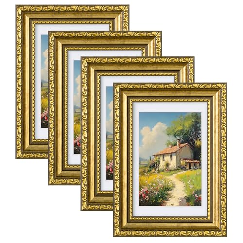 Photo 1 of eletecpro 4x6 Picture Frames Set of 4, Vintage Gold Photo Frames with Glass, Displays 3.5x5 Photo with Mat or 4x6 without Mat for Tabletop or Wall Decor, Gold