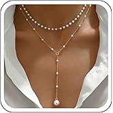 TseanYi Layered Pearl Lariat Necklace Gold Pearl Y Shape Necklace Vintage Pearls Y Drop Necklaces Layered Pearls Satellite Chain Lariat Necklace Bridal Wedding Jewelry