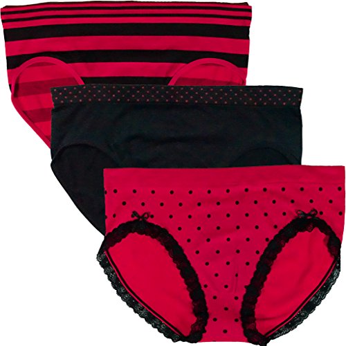 Stylzoo Women's Plus Size Three Pack Women's Panties Crimson Black Lace Dots Stripes 2X Bikini Briefs