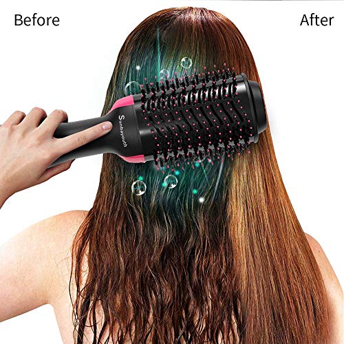 Hair Blow Dryer Brush One Step Hair Dryer and Volumizer Hot Air Brush Ceramic Electric Blow Dryer 3 in 1 Negative Ion Hair Straightener Curler Brush Salon Oval Comb with 4pcs Hair Clips (rose)