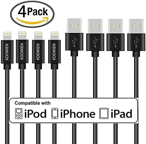Lightning Cable, KOOWIEN 4Pack 3ft 8Pin USB Syncing and Charging Cord for iPhone 7/7 Plus, 6s plus/6s/6 plus/6, se/5s/5c/5, iPad Air/Pro/Mini, iPod nano/touch - Black