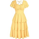 Belle Poque Women's Vintage Square Neck Dress 2026 Summer Short Sleeve Layered Tiered Ruffle A-line Swing Midi Dress
