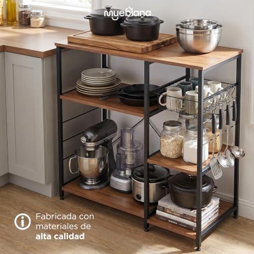 MUEBLANA - Alacena organizador cocina – Con estantes, canastillas y colgadores – Acero y madera – Compacta, resistente al agua y fácil de armar – 90x40x85 cm – Capacidad 20kg por nivel