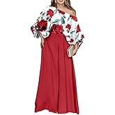 CHICME Women Summer 2 Piece Outfits Off Shoulder Lantern Sleeve Top Flowy Wide Leg Pants Set