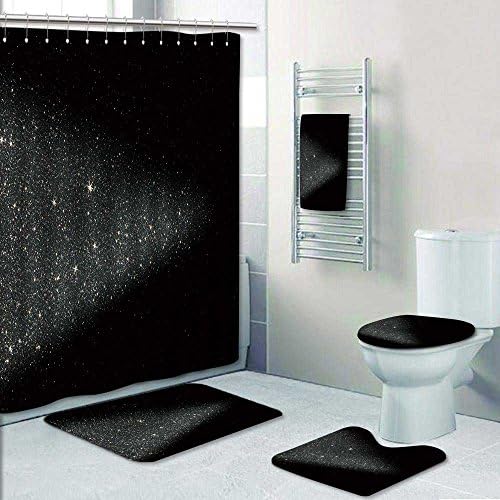 Jiahonghome 5-piece Bathroom Set-Includes Shower Curtain Liner, Bathroom Rugs and Bath Towel, glitter vintage lights background light silver,blue and black defocused. Decorate the bathroom