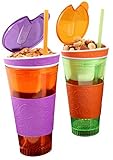 2 Pack Snackeez - Plastic 2 in 1 Snack & Drink Cup - 1 Green and Orange & 1 Orange and Purple