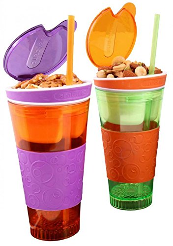 2 Pack Snackeez - Plastic 2 in 1 Snack & Drink Cup - 1 Green and Orange & 1 Orange and Purple 2 Pack Snackeez - Plastic 2 in 1 Snack & Drink Cup - 1 Green and Orange & 1 Orange and Purple