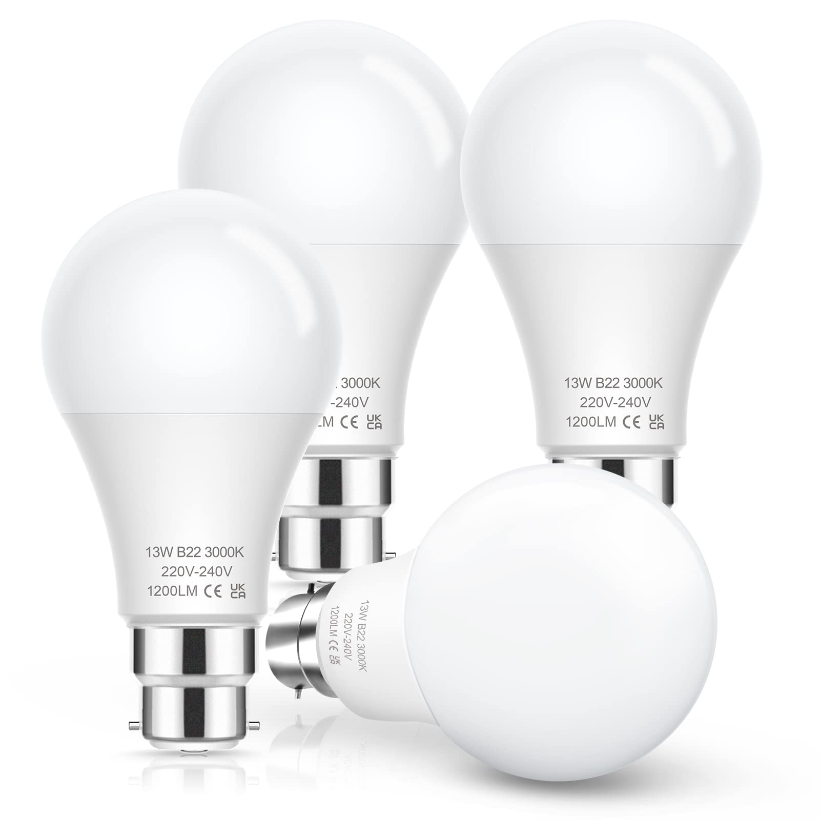 EvaStary Bayonet Light Bulb 100 Watt Equivalent, B22 13W LED 3000K Soft Warm White, 1200LM Cap Type, BC GLS Energy Saving Bulbs for Home Lighting Incandescent Bulb, Non-dimmable, 4 Pack