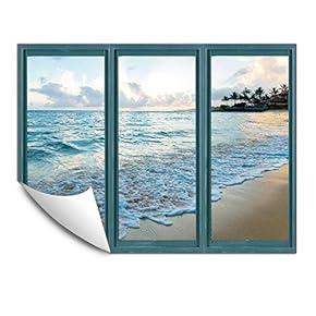 Wall Murals for Bedroom Fake Window Beach Blue Window Removable Wallpaper Peel and Stick Wall Stickers - 24x32 inches