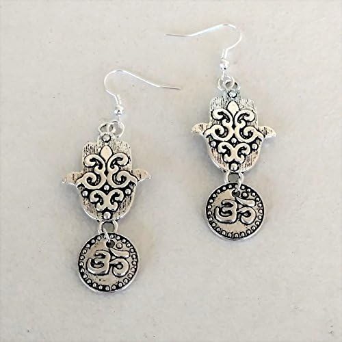 Hamsa and Om Buddism Earrings, Silver Tone Jewelry, Handmade Fishhook Dangle Women's Earring Set