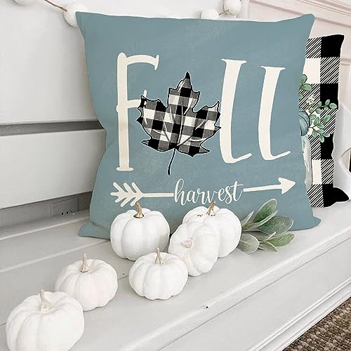 CROWNED BEAUTY Fall Outdoor Decorative Throw Pillow Covers 18 x 18 Inch Set of 4, Plaid Pumpkin Mason Jars Farmhouse Pillowcases for Decoration (Blue) CP056-18